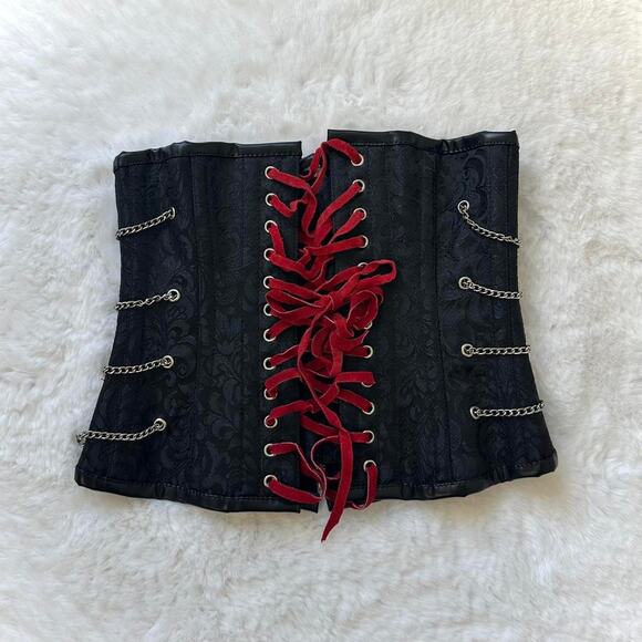 unbranded Tops - Steel Boned Corset Size 24 Black Red Lace Up Chain Steampunk Gothic Medieval